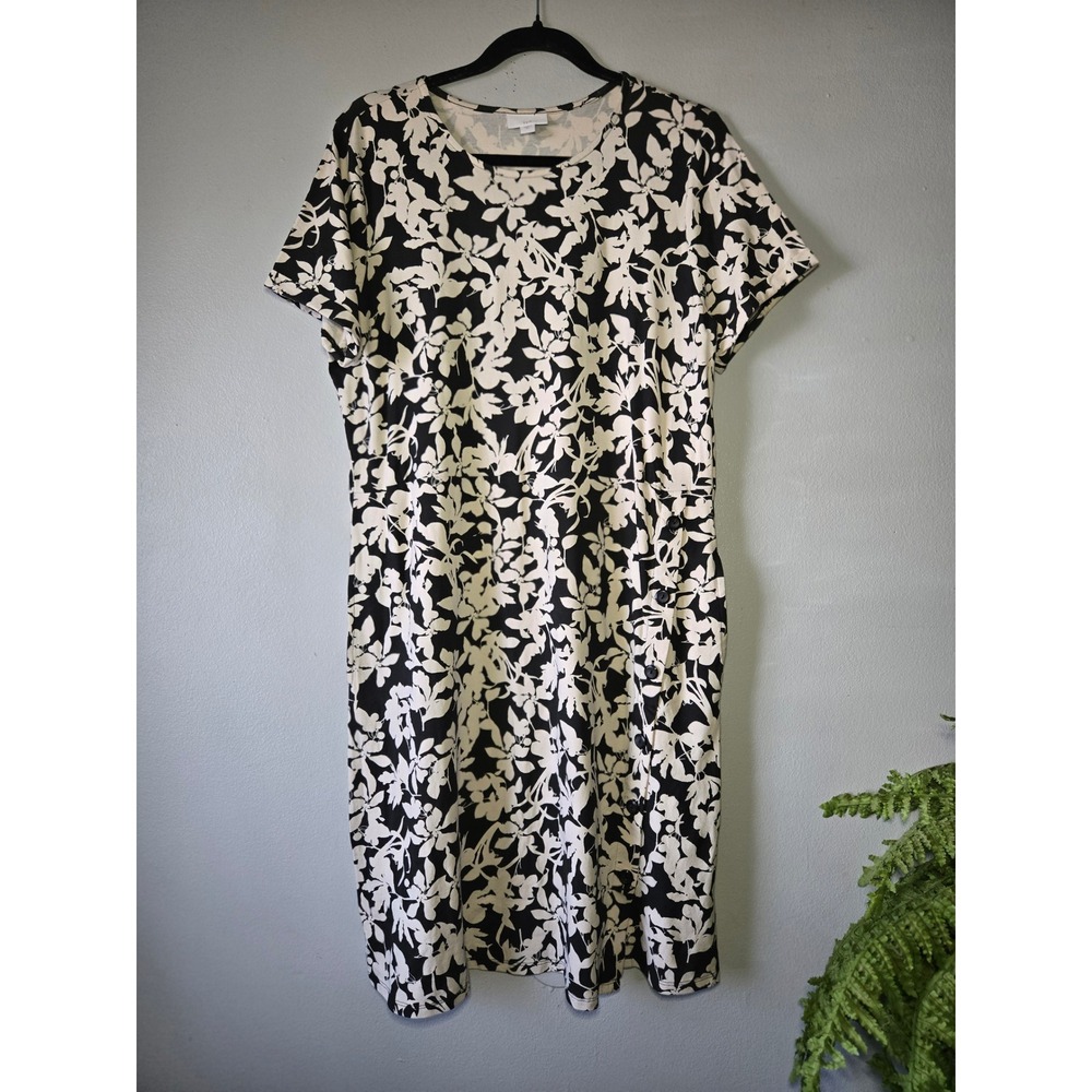 J.Jill‎ Floral Midi Dress Medium Black White Pima Cotton Modal Short Sleeve
